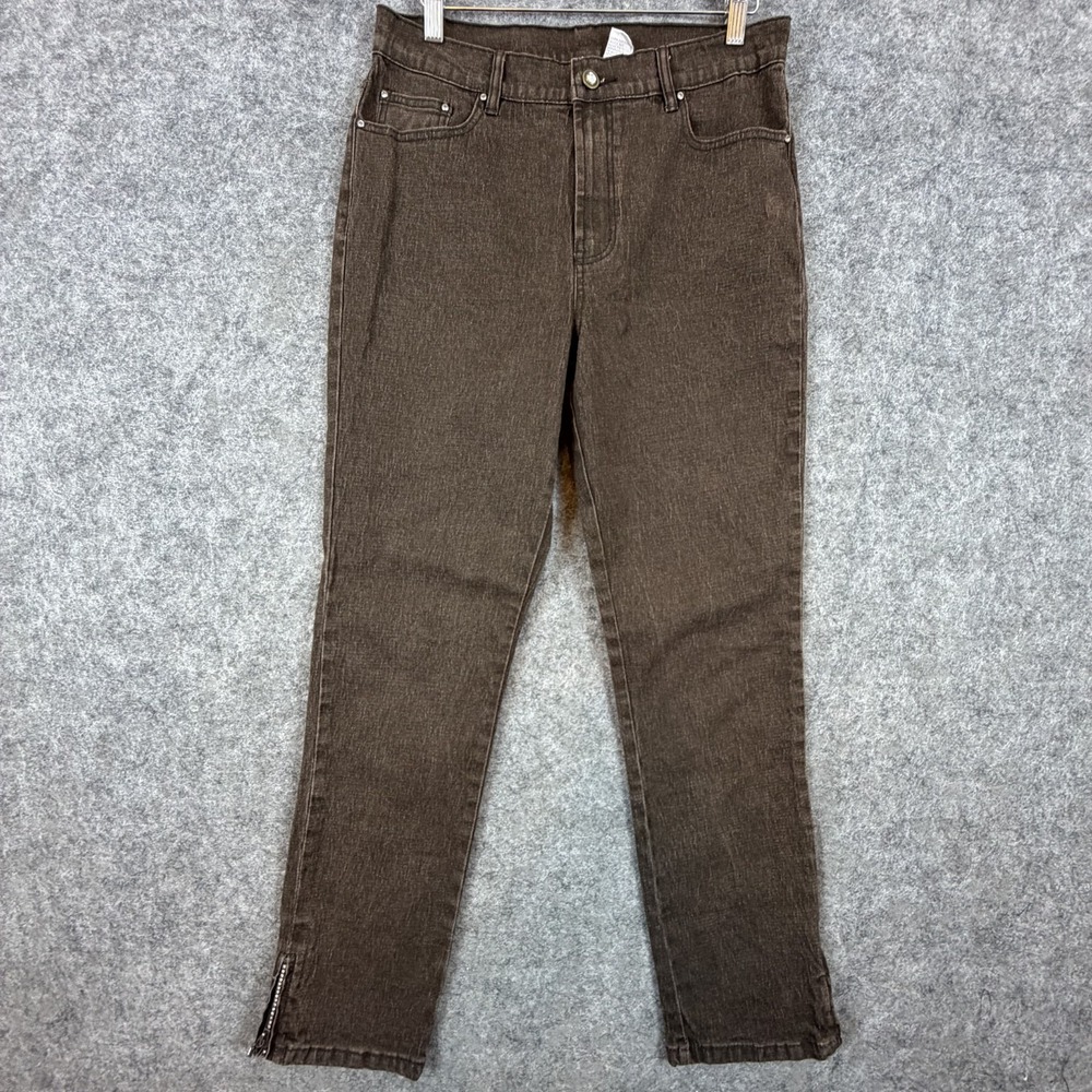 DG2 by Diane Gilman Straight Jeans Women 10 Brown Denim Rhinestone Ankle Zip